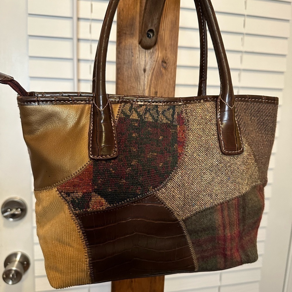 Womens Patchwork Handbag Small Corduroy Plaid Faux Leather Hobo Boho Zip Pockets - Picture 9 of 10